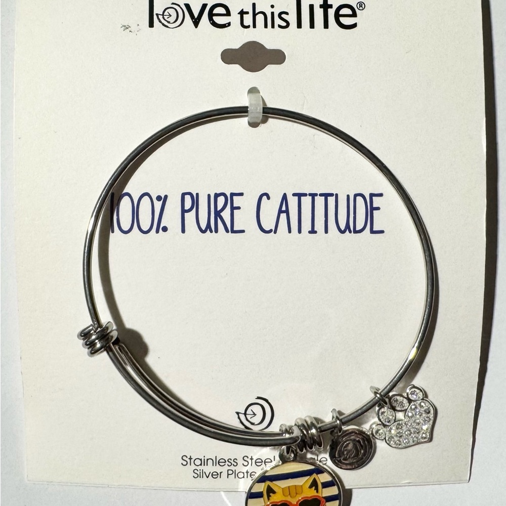 Love This Life Bangle Bracelet 100% Pure Catitude Charms Rhinestone Paw Print